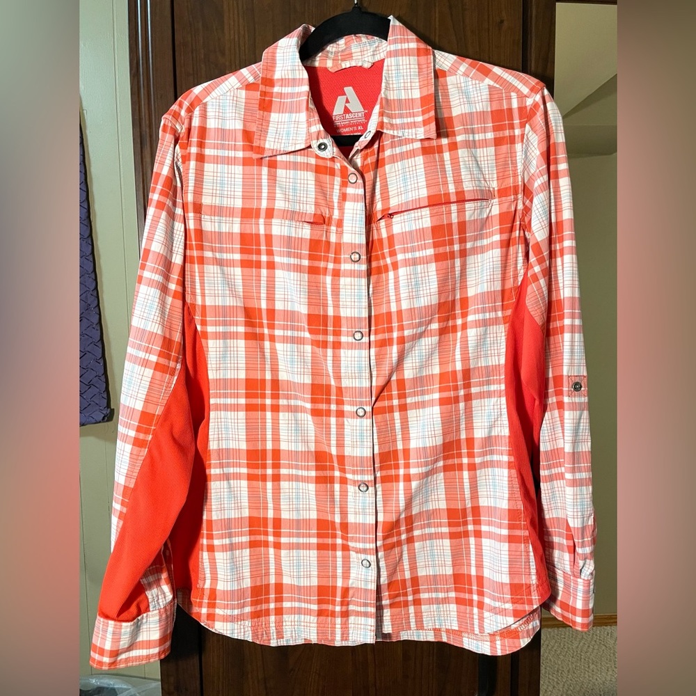 Vintage Eddie Bauer plaid shirt, Orange & white, contrasting solid side panels